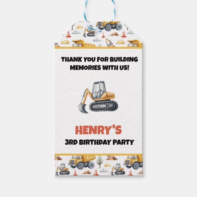 Tackkort för byggtema-födelsedagsfirande med namn  presentetikett (Framsidan)