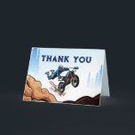 Tackkort för cykelfödelsedag med stuntcyklande kil<br><div class="desc">Fira ditt barns speciella dag med en spännande motorcykel-tema födelsedagsfest! Våra personliga inbjudningskort har en stuntcykel, perfekt för din lilla stuntmans firande. Bjud in alla deras vänner och låt festen börja! Med ett tema-fest kommer ditt barn och deras gäster att ha kul och minnena kommer att vara för evigt. Missa...</div>