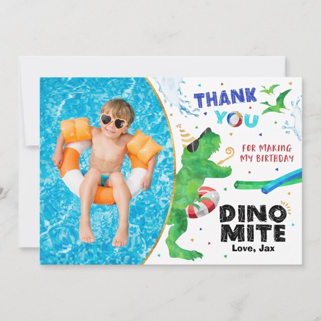 Tackkort för Dinosaurie-poolparty med foto Tack Kort (Framsida)