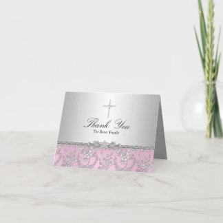 Tackkort för dop med rosa ros och kors