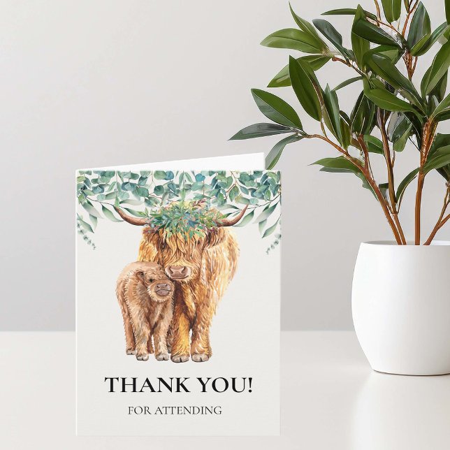 Tackkort för Highland Cow Baby Shower med Eukalypt Kort (Skapare uppladdad)