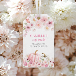 Tackkort för hösttema baby shower med rosa pumpa presentetikett