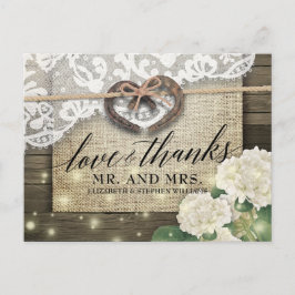 Tackkort för landlig träbröllop med hästsko-hydran vykort