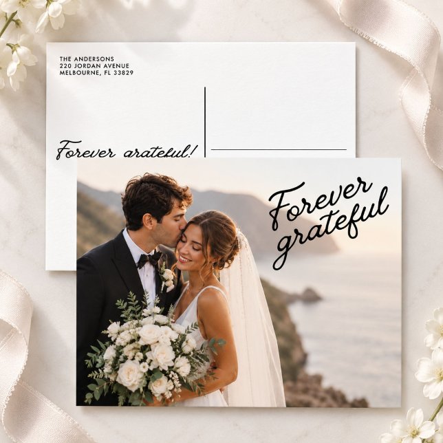 Tackkort för modernt bröllop med evig tacksamhet vykort (Forever Grateful Modern Wedding Thank You Postcard)