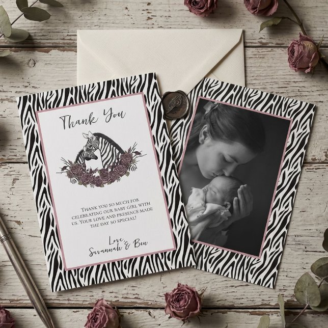 Tackkort för Moody Alternative Baby Shower Tack Kort (Alternative baby shower Thank You card. Mother and baby zebra illustration, mauve roses and photo)
