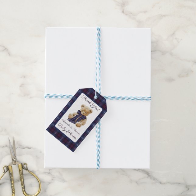 Tackkort för Plaid Bear-temat baby shower Presentetikett (Med Snöre)