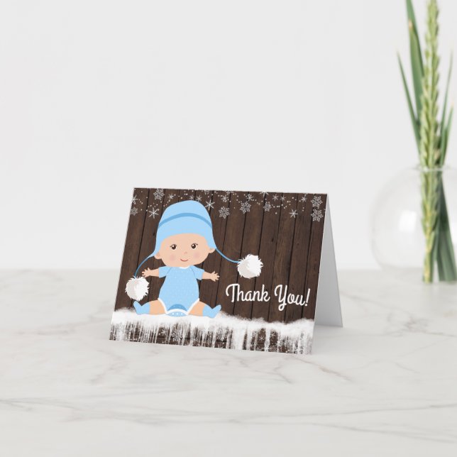 Tackkort för pojkars vinter snöflinga baby shower (Framsida)