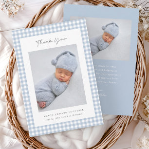 Tackkort för pojkbaby med blå gingham-mönster inbjudningar