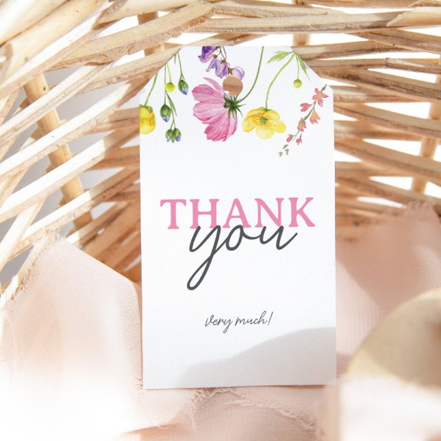 Tackkort för present vid baby shower med vilda blo presentetikett (Skapare uppladdad)