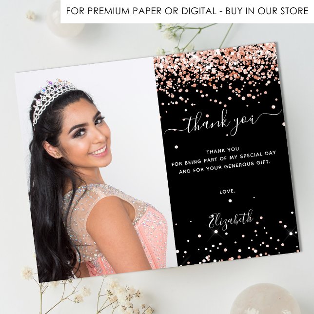 Tackkort för Quinceanera i svart med roséguld foto (Skapare uppladdad)