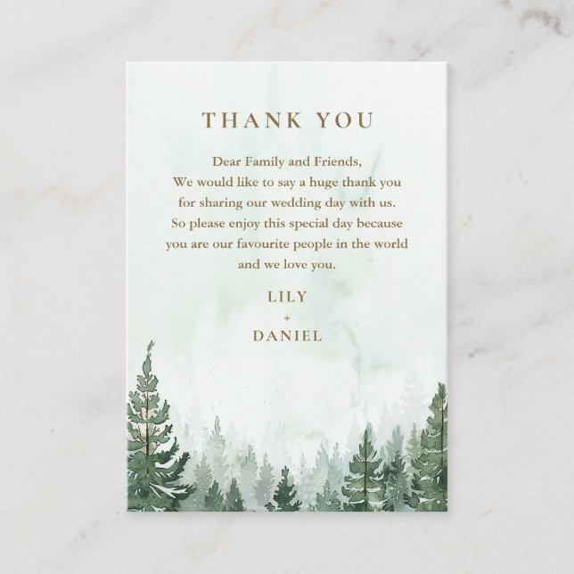 Tackkort för rustik akvarell tallskog bröllop placeringskort (Framsida)