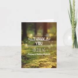 Tackkort för rustik bröllopsfest i förtrollad skog