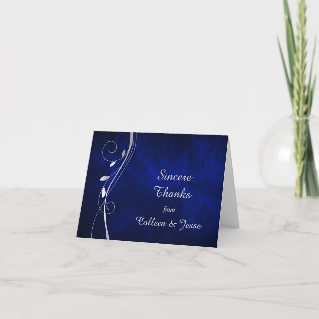 Tackkort för Silver Leaf Swirl Blue Bröllop (Framsida)