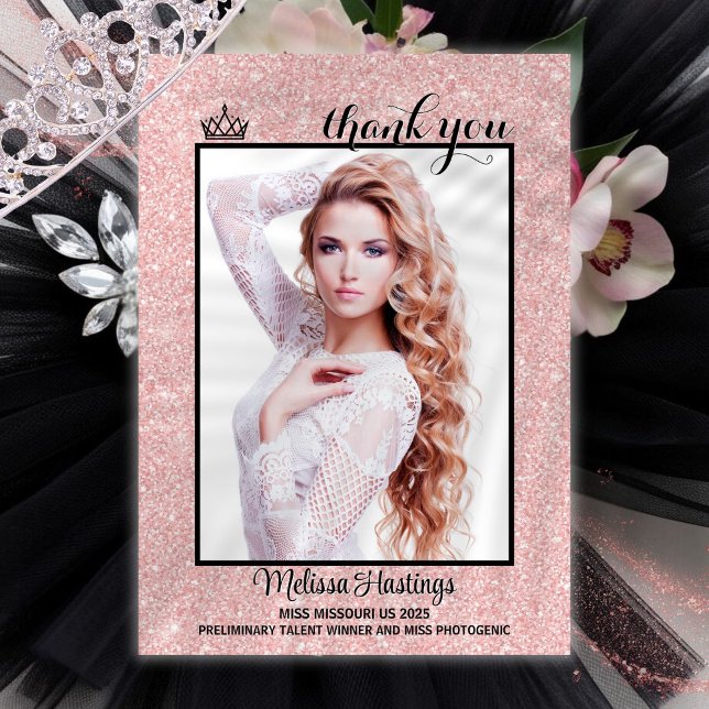 Tackkort för skönhetstävling Rosa Guld Glitter Skö Tack Kort (This double sided pageant thank you card features your photo and text to thank your supporters)