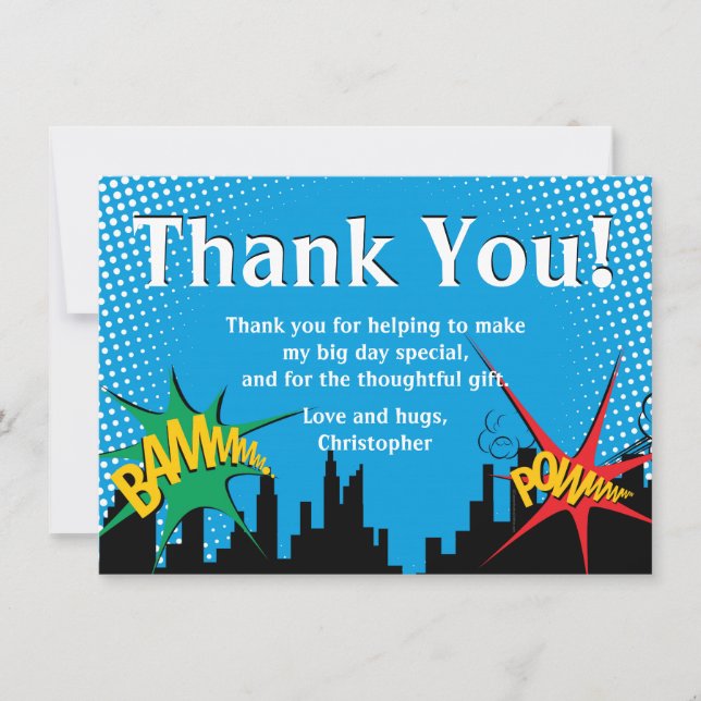 Tackkort för Superhero Comic Pojkens Födelsedagsfe Tack Kort (Framsida)
