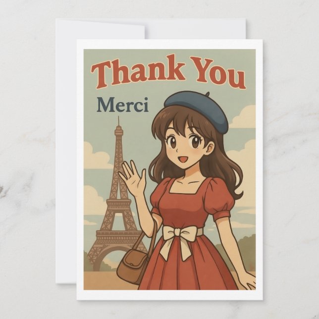 Tackkort - Fransk Animeflicka i Paris Tack Kort (Framsida)