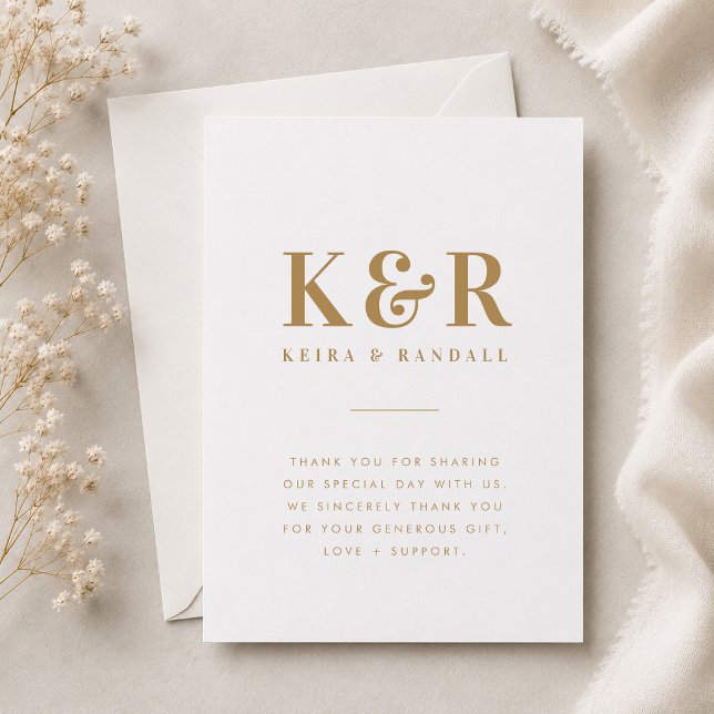 Tackkort | Guld Bröllop Tacksamhet Notering Tack Kort (Gold monogram wedding thank you card with initials, names, and elegant gratitude wording.)