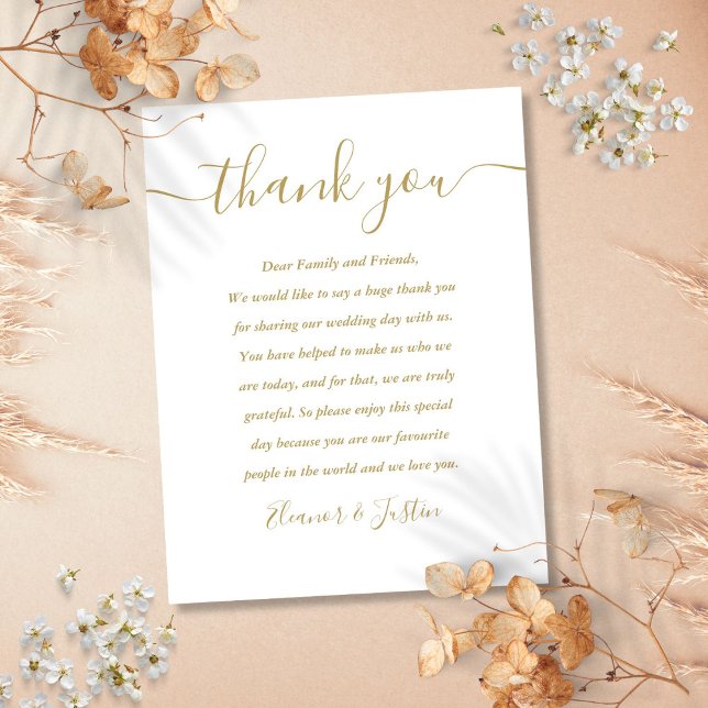Tackkort i guld för bröllopsplats vykort (Script Thank You Gold Wedding Place Card)