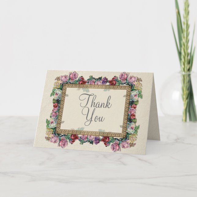 Tackkort i guldbrokad med blommotiv, formella och  (Framsida)