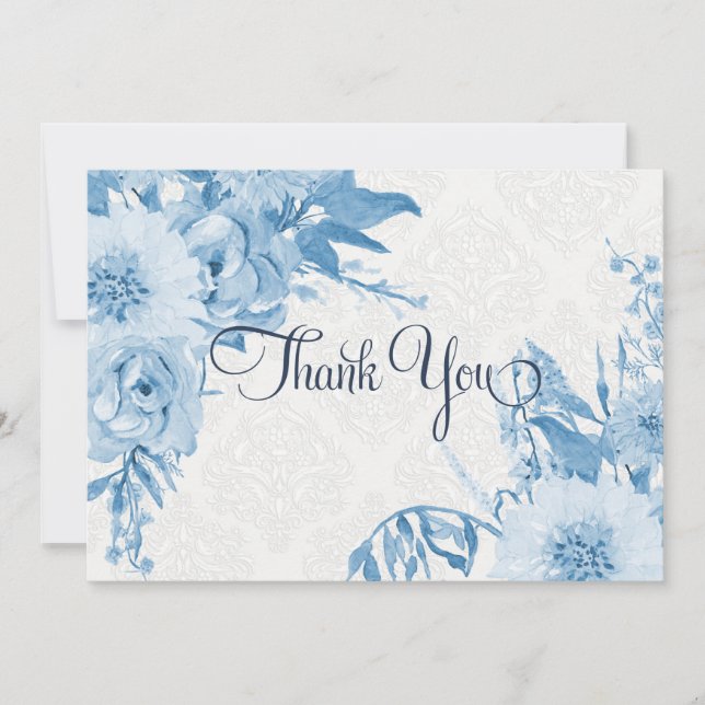 Tackkort-marin blå n vit Blommigt Vattenfärg Tack Kort (Framsida)