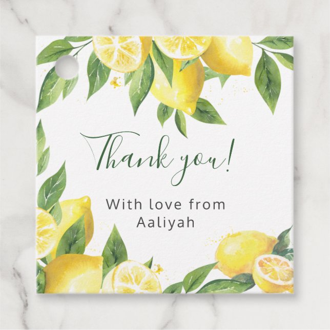 Tackkort med akvarellcitroner gåvor etiketter (Framsida)