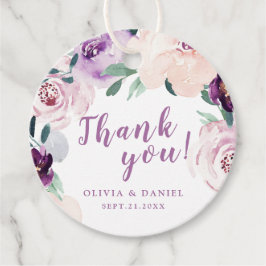 Tackkort med blommande botanisk lila blomma gåvor etiketter