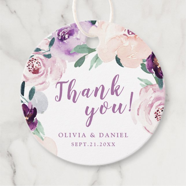 Tackkort med blommande botanisk lila blomma gåvor etiketter (Framsida)