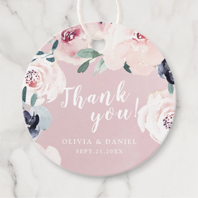 Tackkort med blommande botanisk rosa blomma gåvor etiketter (Framsida)