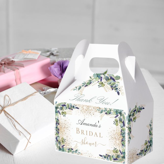 Tackkort med eucalyptus och guldglitter för bröllo presentaskar (Skapare uppladdad)