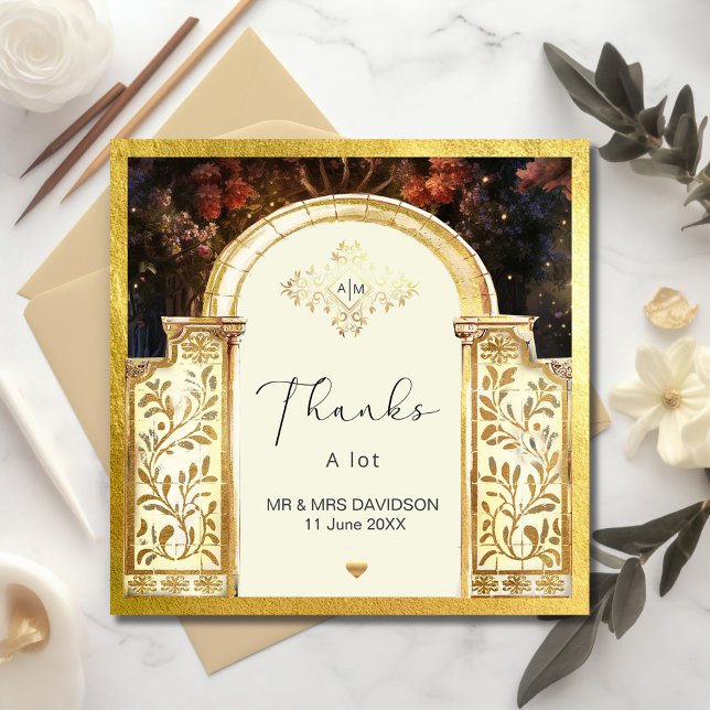 Tackkort med förtrollad trädgårdsgrind tack kort (Enchanted Garden Gate Flat Thank You Card #zazzlemade #weddingthankyoucard #luxurystyle #arch)