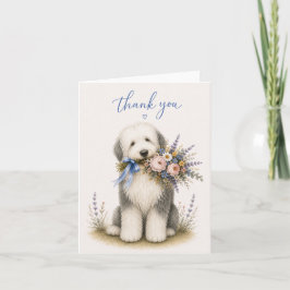 Tackkort med gammal engelsk fårhund och blomsterbu