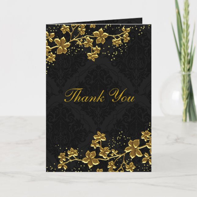 Tackkort med glitter blommor i guld och svart (Framsida)