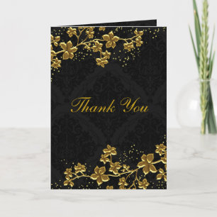 Tackkort med glitter blommor i guld och svart