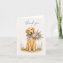 Tackkort med Golden Retriever och blomsterbukett