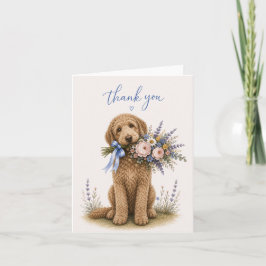Tackkort med Goldendoodle och blomsterbukett