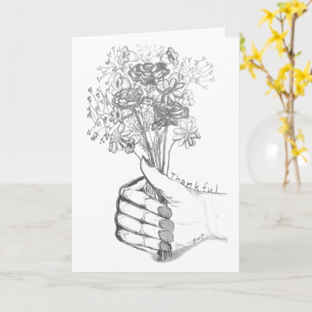 Tackkort med handskissad blomsterbukett kort (Gul blomma)