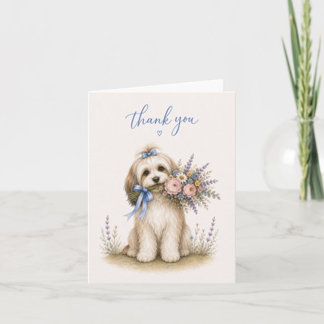 Tackkort med Havanese-blomsterbukett (Framsida)