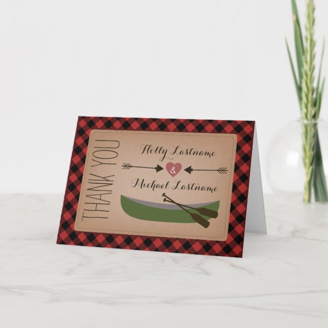 Tackkort med kanot i rutigt mönster + hjärta med p (Framsida)