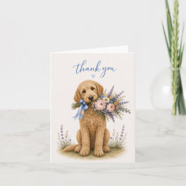 Tackkort med Labradoodle och blomsterbukett
