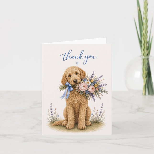 Tackkort med Labradoodle och blomsterbukett (Framsida)