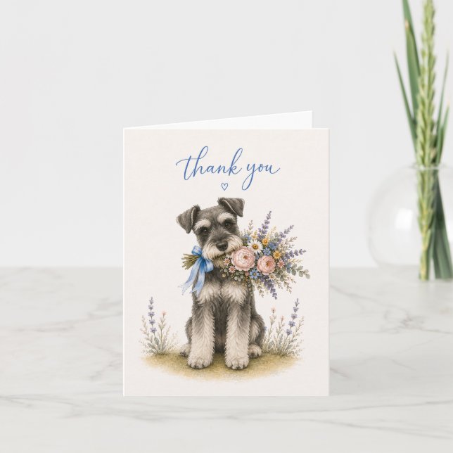 Tackkort med miniatyr schnauzer och blomsterbukett (Framsida)