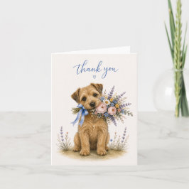 Tackkort med Norfolk Terrier och blomsterbukett