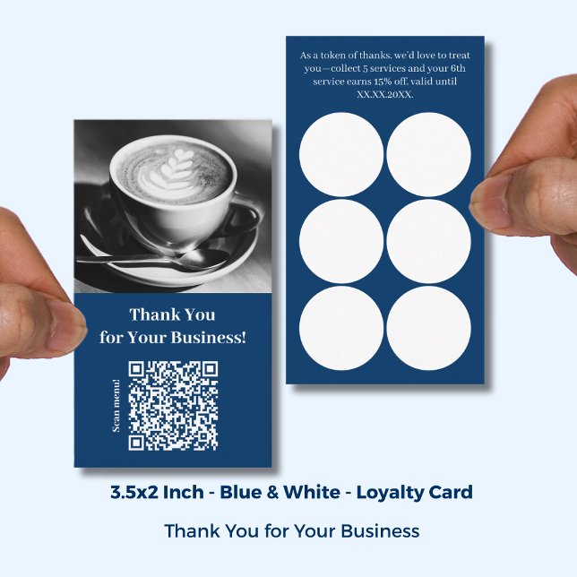 Tackkort med QR-kod - Blå Café Lojalitetskort (Thank You with QR Code - Blue Café Loyalty Card; Size: 3.5x2 Inch)