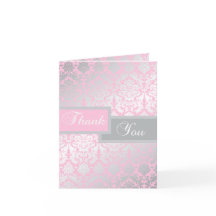 Tackkort med rosa och grått damaskmönster