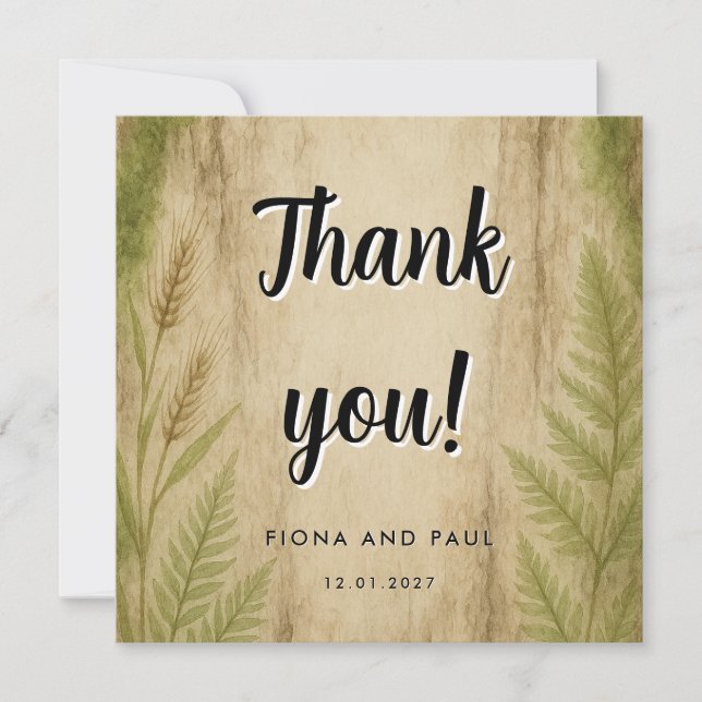 Tackkort med rustik bark och mossig skog tack kort (Framsida)