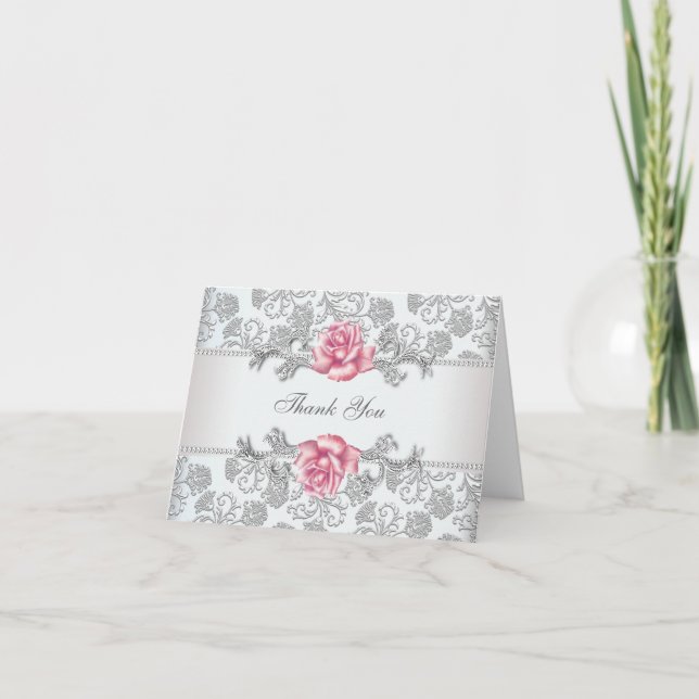 Tackkort med silverdamast rosa ros (Framsida)
