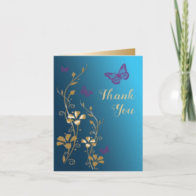 Tackkort med teal guld lila blommotiv (Framsida)