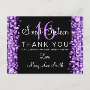 Tackkort Sweet 16 Party Sparkles Lila Vykort