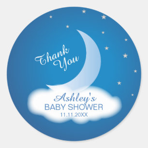 Tackmåne och stjärnababy shower - blått/vit runt klistermärke
