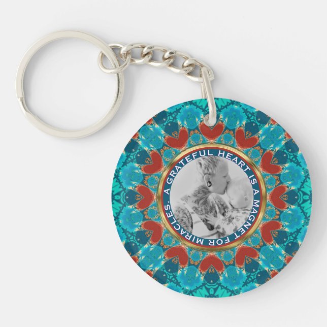 Tacknämdhet Aqua Teal Mandala Anpassade Ord & Foto (Framsidan)